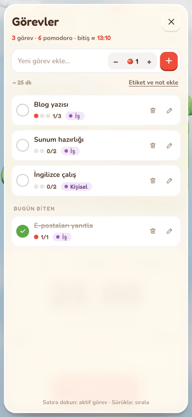 Görev listesi ve pomodoro tahmini